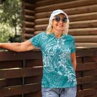 Teal Polynesia Hammerhead Shark Tattoo With Plumeria Lei Women Polo Shirt