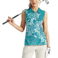 Teal Polynesia Hammerhead Shark Tattoo With Plumeria Lei Women Sleeveless Polo Shirt