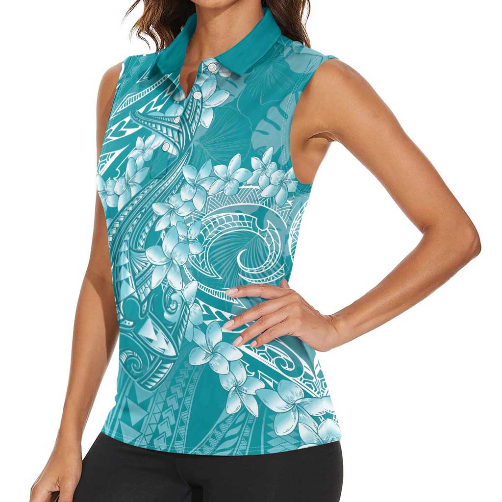 Teal Polynesia Hammerhead Shark Tattoo With Plumeria Lei Women Sleeveless Polo Shirt
