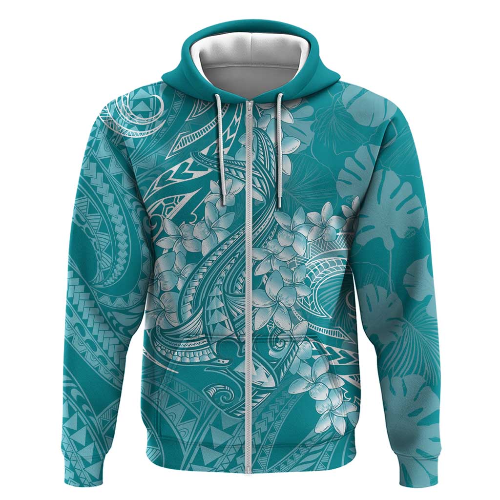 Teal Polynesia Hammerhead Shark Tattoo With Plumeria Lei Zip Hoodie LT14 Zip Hoodie Teal - Polynesian Pride