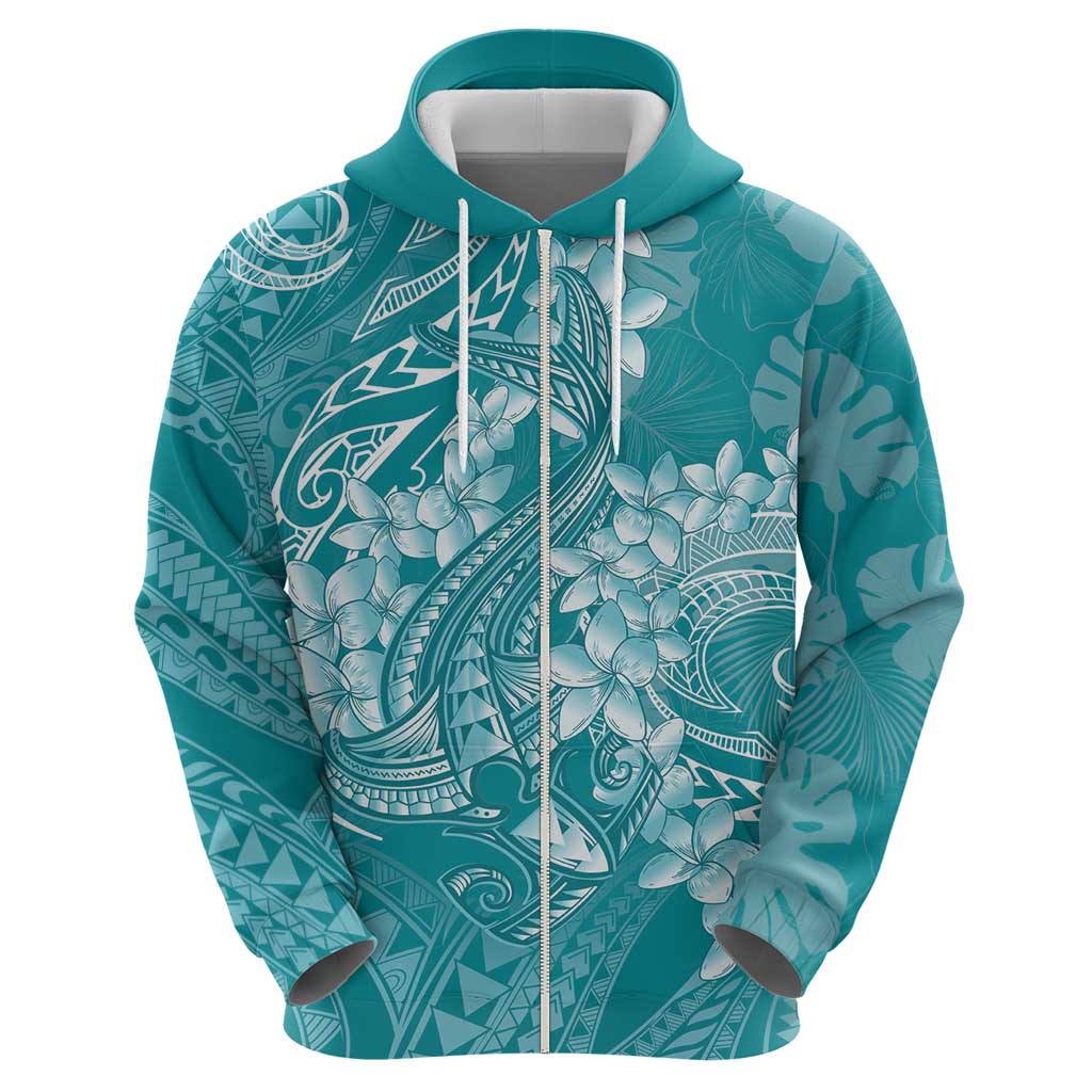 Teal Polynesia Hammerhead Shark Tattoo With Plumeria Lei Zip Hoodie LT14 - Polynesian Pride
