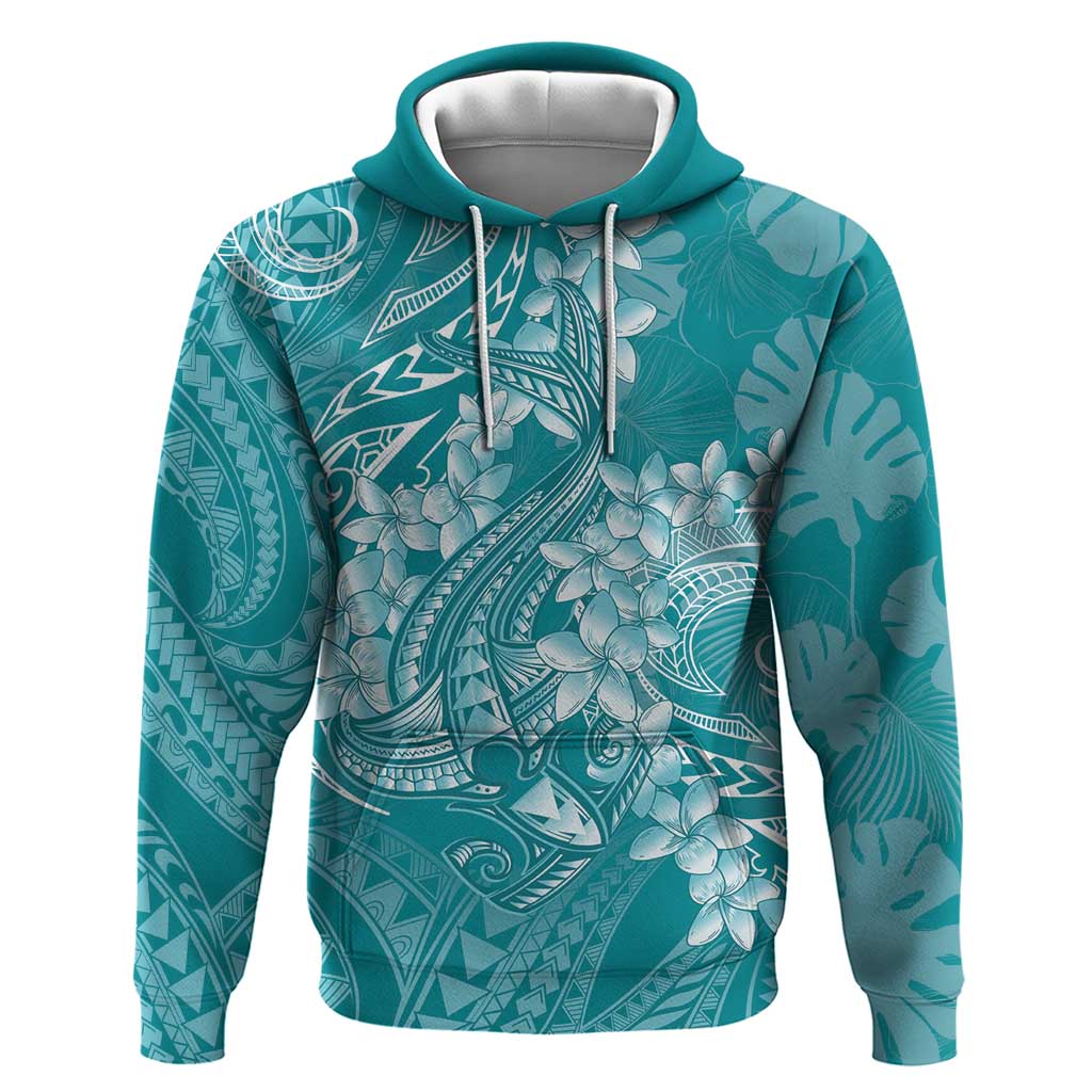 Teal Polynesia Hammerhead Shark Tattoo With Plumeria Lei Zip Hoodie LT14 Pullover Hoodie Teal - Polynesian Pride