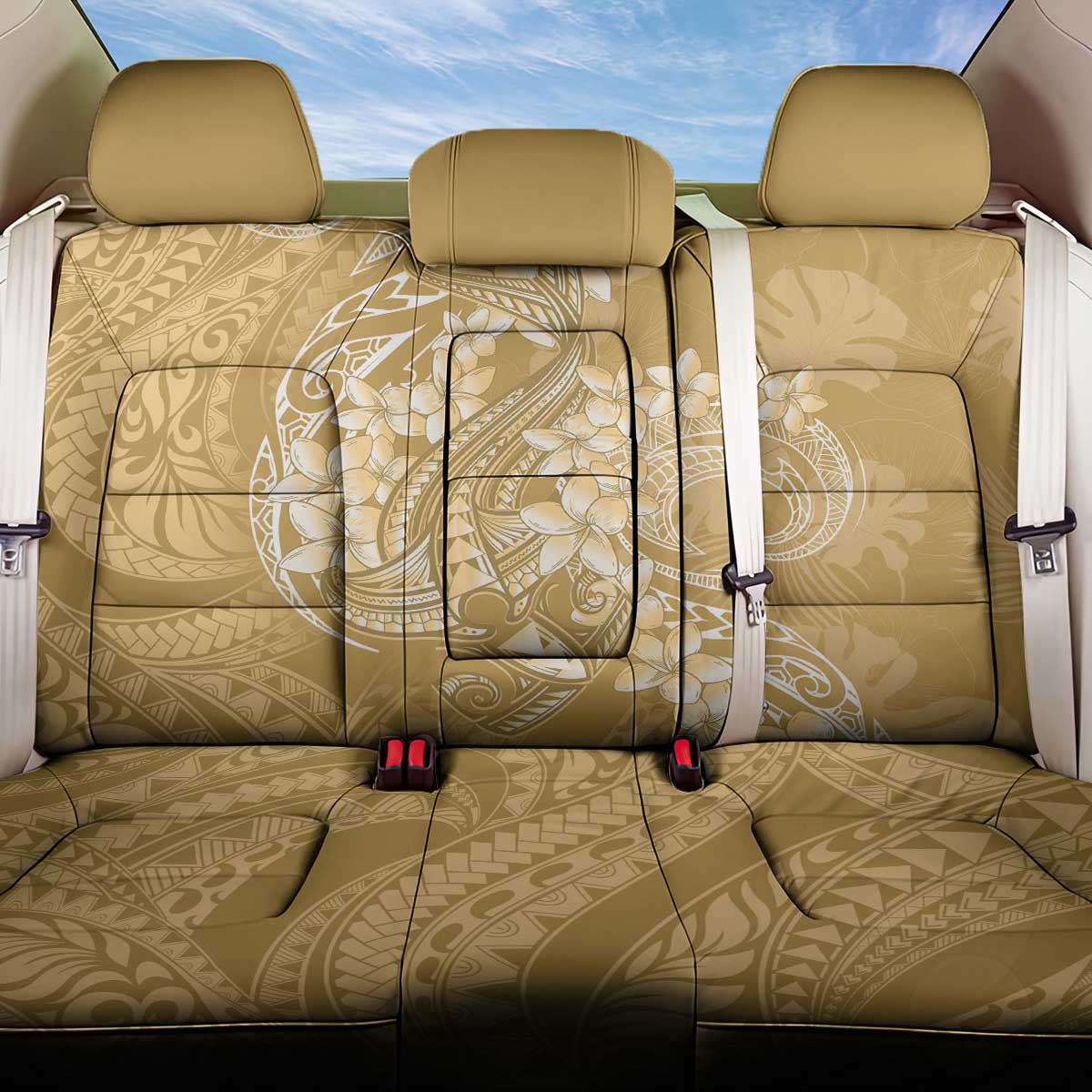 Yellow Polynesia Hammerhead Shark Tattoo With Plumeria Lei Back Car Seat Cover
