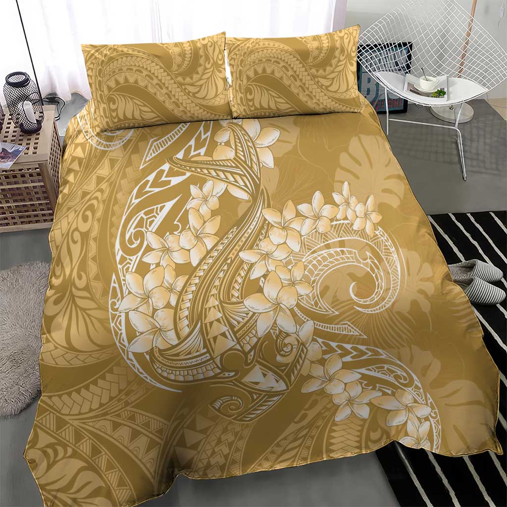 Yellow Polynesia Hammerhead Shark Tattoo With Plumeria Lei Bedding Set