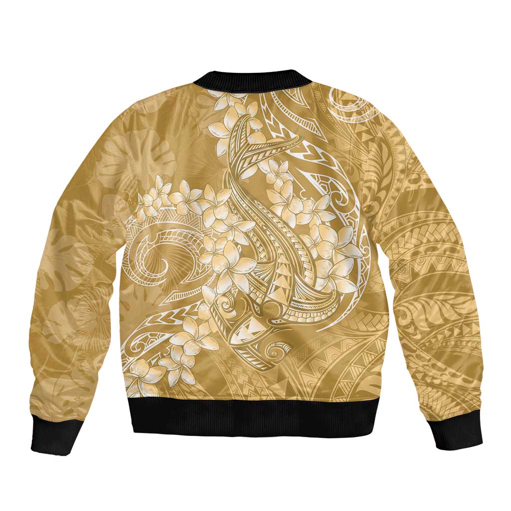 Yellow Polynesia Hammerhead Shark Tattoo With Plumeria Lei Bomber Jacket