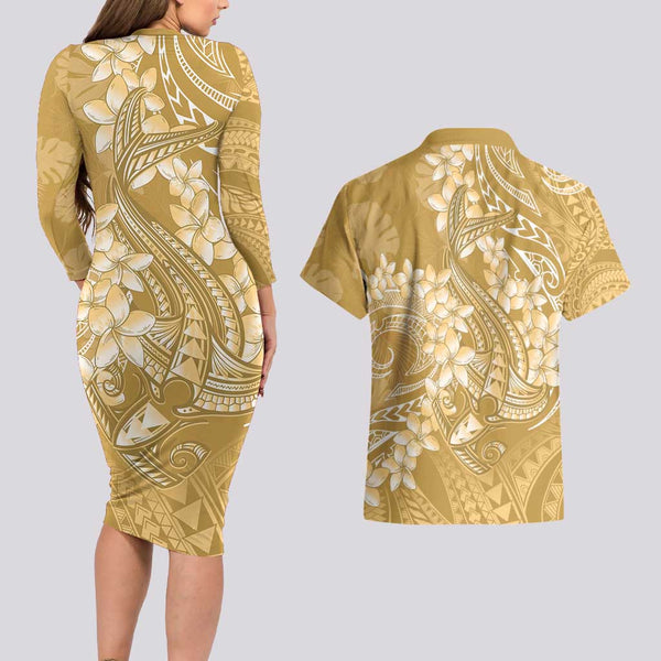Hawaii Couples Matching Tank Maxi Dress And Hawaiian Shirt Polynesian Shark Tattoo With Plumeria Yellow Gradient LT14