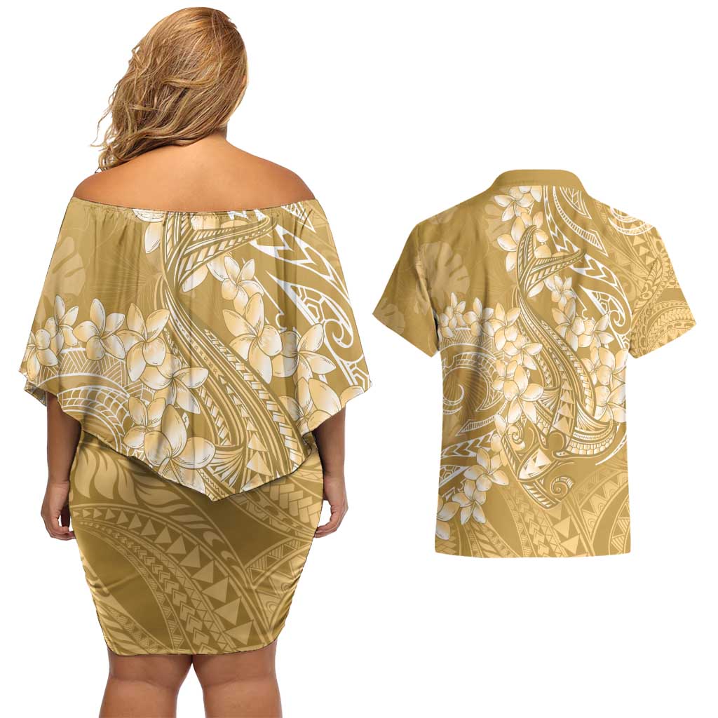 Yellow Polynesia Hammerhead Shark Tattoo With Plumeria Lei Couples Matching Off Shoulder Short Dress and Hawaiian Shirt