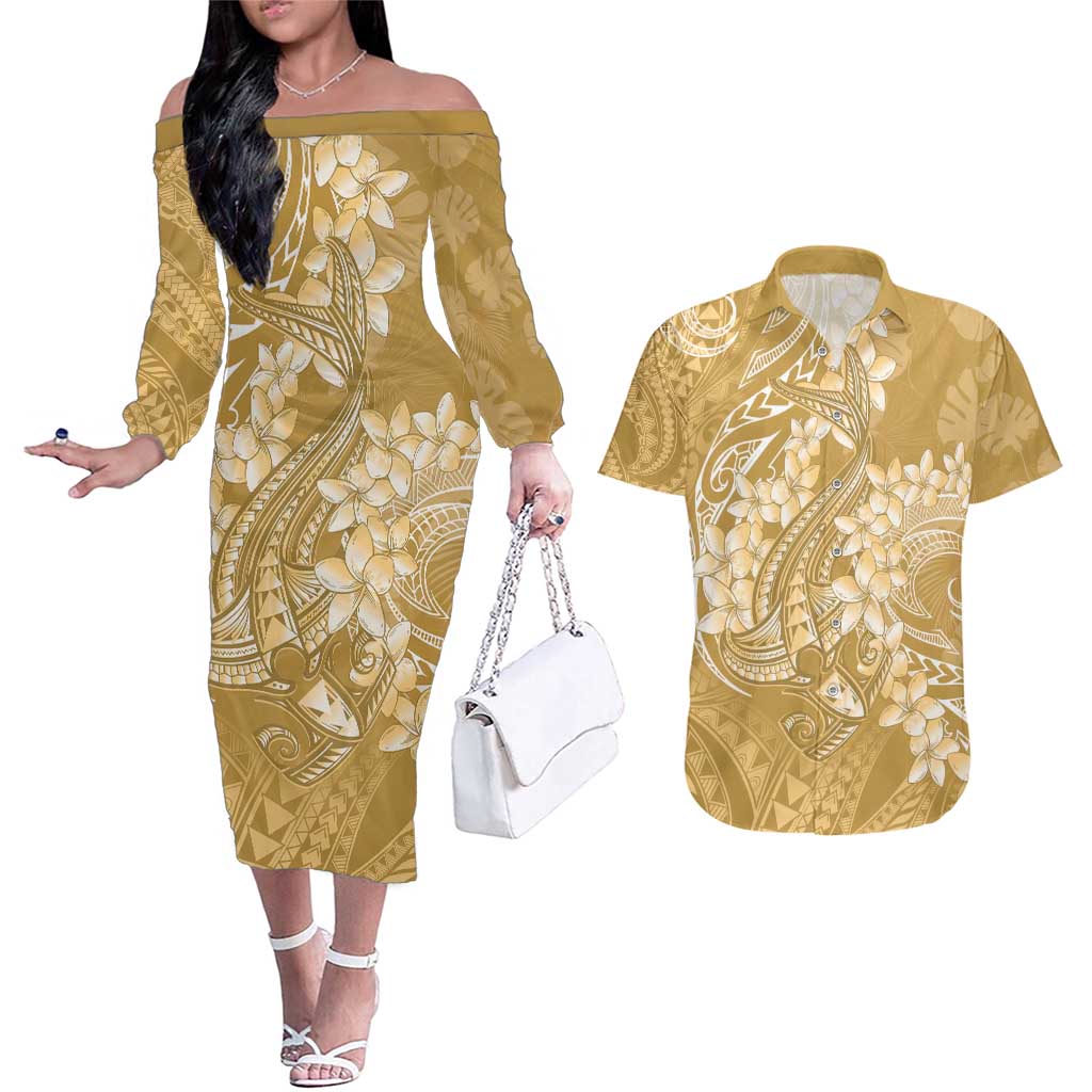 Yellow Polynesia Hammerhead Shark Tattoo With Plumeria Lei Couples Matching Off The Shoulder Long Sleeve Dress and Hawaiian Shirt