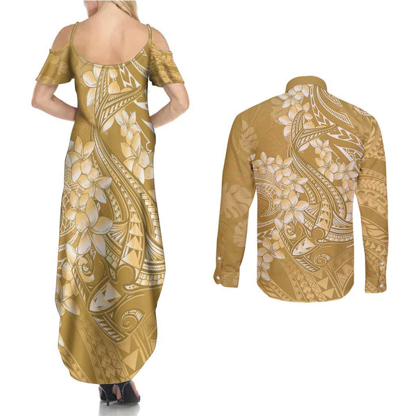 Aloha Hawaii Couples Matching Off The Shoulder Long Sleeve Dress and Long Sleeve Button Shirts Hammerhead Shark Tattoo Polynesian Summer - Gold LT9 main image 1