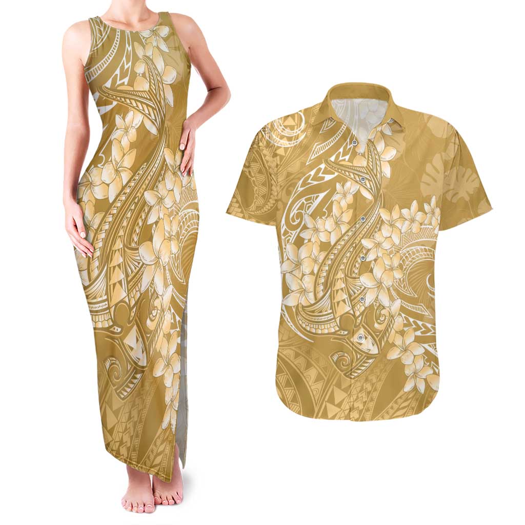 Yellow Polynesia Hammerhead Shark Tattoo With Plumeria Lei Couples Matching Tank Maxi Dress and Hawaiian Shirt