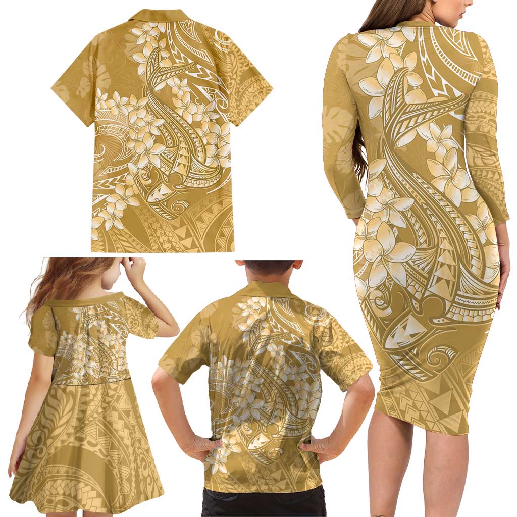 Yellow Polynesia Hammerhead Shark Tattoo With Plumeria Lei Family Matching Long Sleeve Bodycon Dress and Hawaiian Shirt