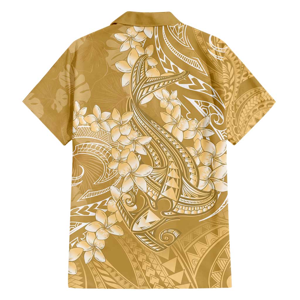 Yellow Polynesia Hammerhead Shark Tattoo With Plumeria Lei Family Matching Long Sleeve Bodycon Dress and Hawaiian Shirt