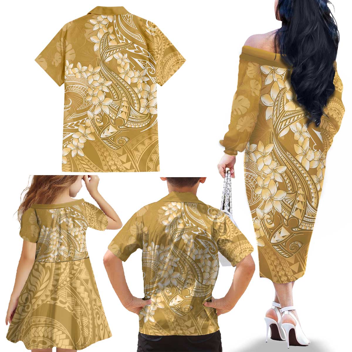 Yellow Polynesia Hammerhead Shark Tattoo With Plumeria Lei Family Matching Off The Shoulder Long Sleeve Dress and Hawaiian Shirt
