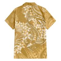 Yellow Polynesia Hammerhead Shark Tattoo With Plumeria Lei Family Matching Off The Shoulder Long Sleeve Dress and Hawaiian Shirt