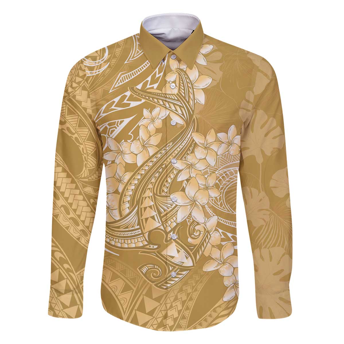 Yellow Polynesia Hammerhead Shark Tattoo With Plumeria Lei Family Matching Off The Shoulder Long Sleeve Dress and Hawaiian Shirt