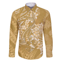 Yellow Polynesia Hammerhead Shark Tattoo With Plumeria Lei Family Matching Off The Shoulder Long Sleeve Dress and Hawaiian Shirt