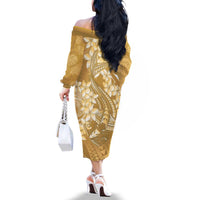 Yellow Polynesia Hammerhead Shark Tattoo With Plumeria Lei Family Matching Off The Shoulder Long Sleeve Dress and Hawaiian Shirt