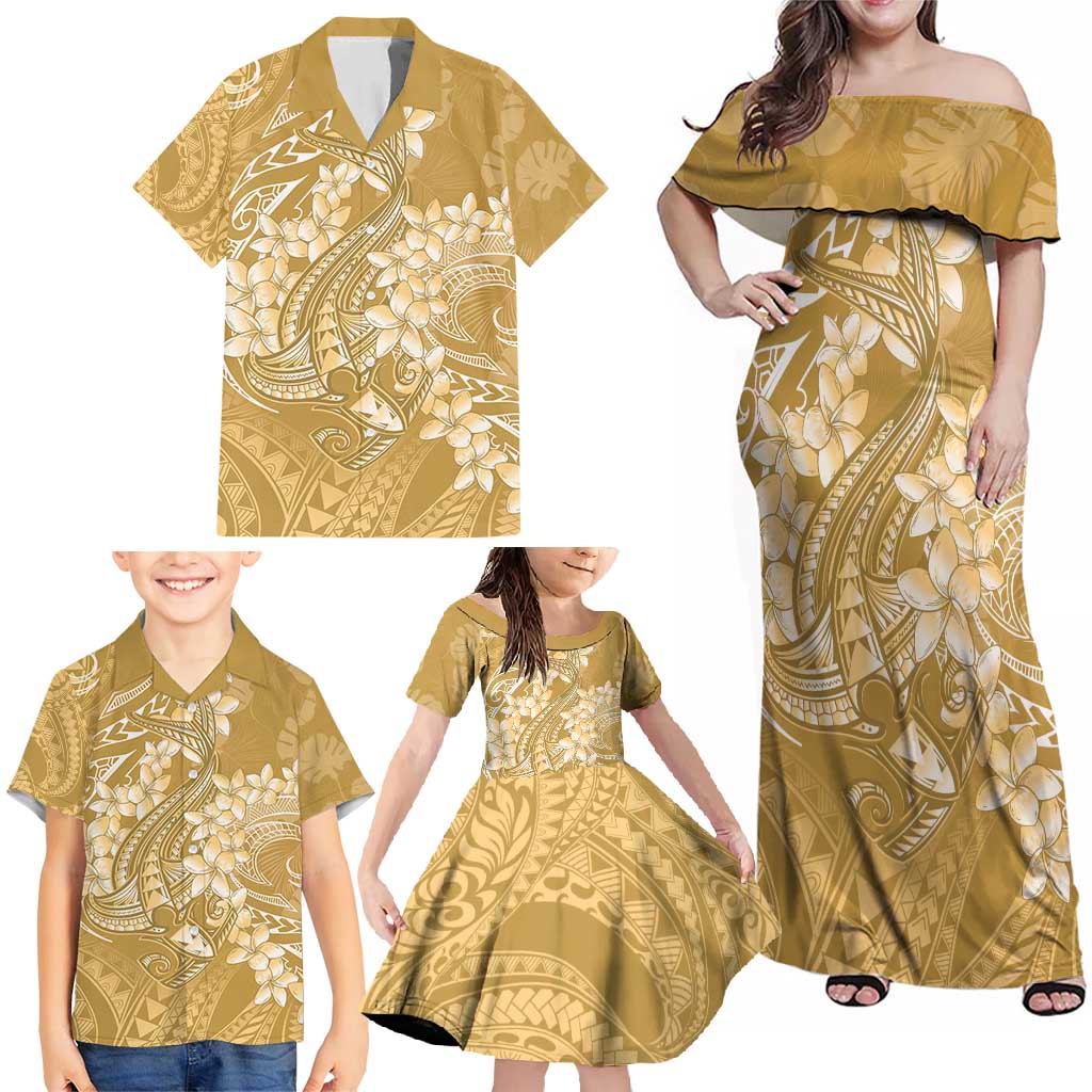 Yellow Polynesia Hammerhead Shark Tattoo With Plumeria Lei Family Matching Off Shoulder Maxi Dress and Hawaiian Shirt