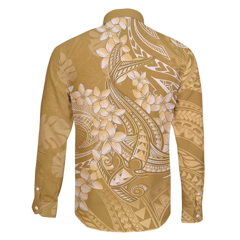 Yellow Polynesia Hammerhead Shark Tattoo With Plumeria Lei Family Matching Off Shoulder Maxi Dress and Hawaiian Shirt