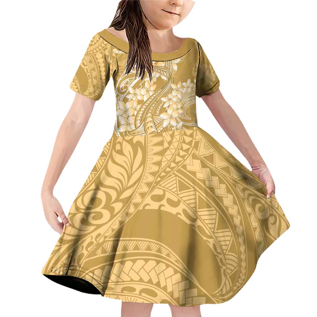 Yellow Polynesia Hammerhead Shark Tattoo With Plumeria Lei Family Matching Off Shoulder Short Dress and Hawaiian Shirt