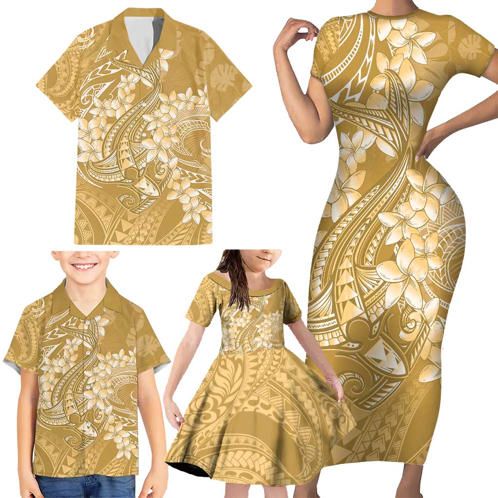 Yellow Polynesia Hammerhead Shark Tattoo With Plumeria Lei Family Matching Short Sleeve Bodycon Dress and Hawaiian Shirt