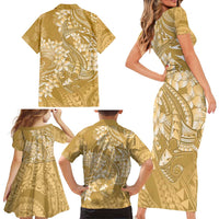 Yellow Polynesia Hammerhead Shark Tattoo With Plumeria Lei Family Matching Short Sleeve Bodycon Dress and Hawaiian Shirt