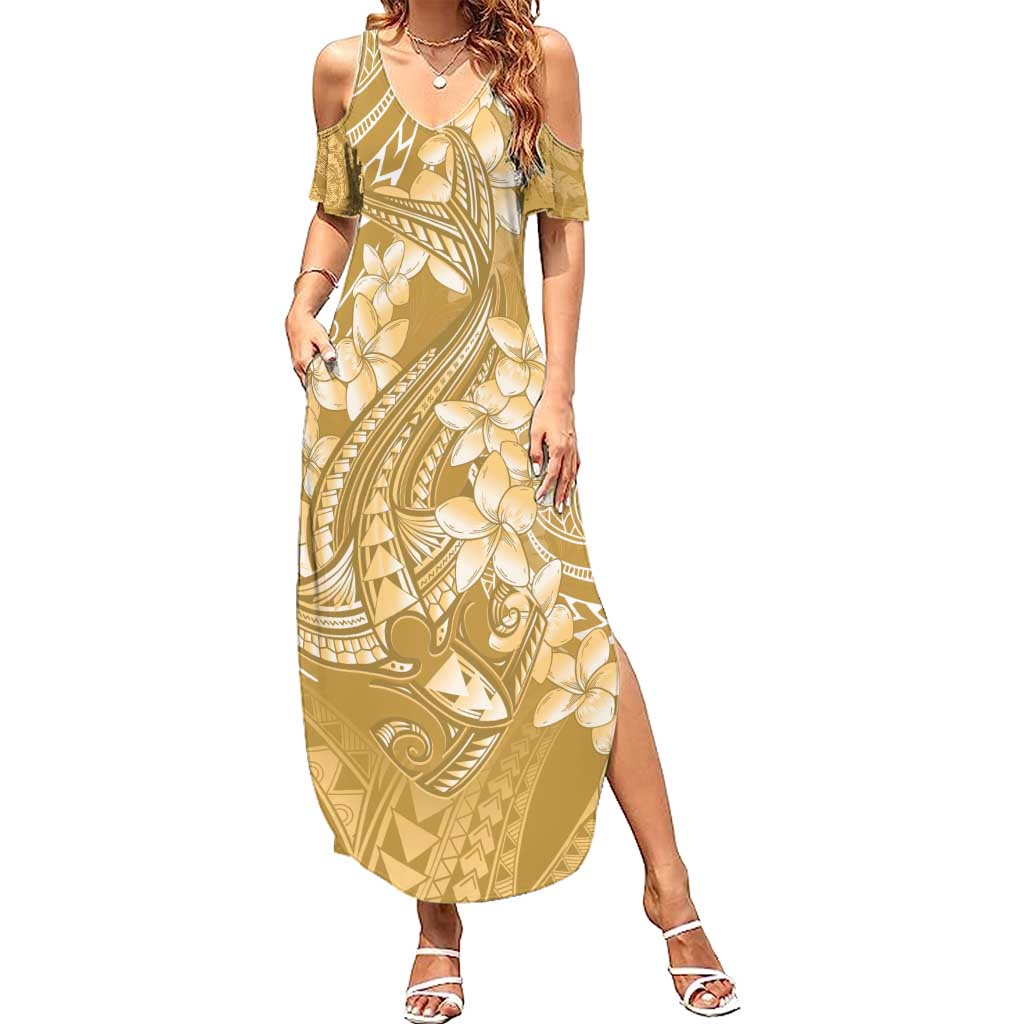 Yellow Polynesia Hammerhead Shark Tattoo With Plumeria Lei Family Matching Summer Maxi Dress and Hawaiian Shirt