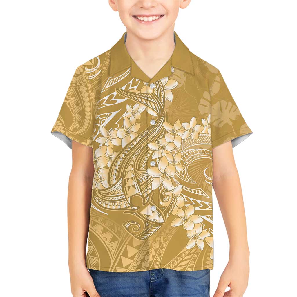 Yellow Polynesia Hammerhead Shark Tattoo With Plumeria Lei Family Matching Summer Maxi Dress and Hawaiian Shirt