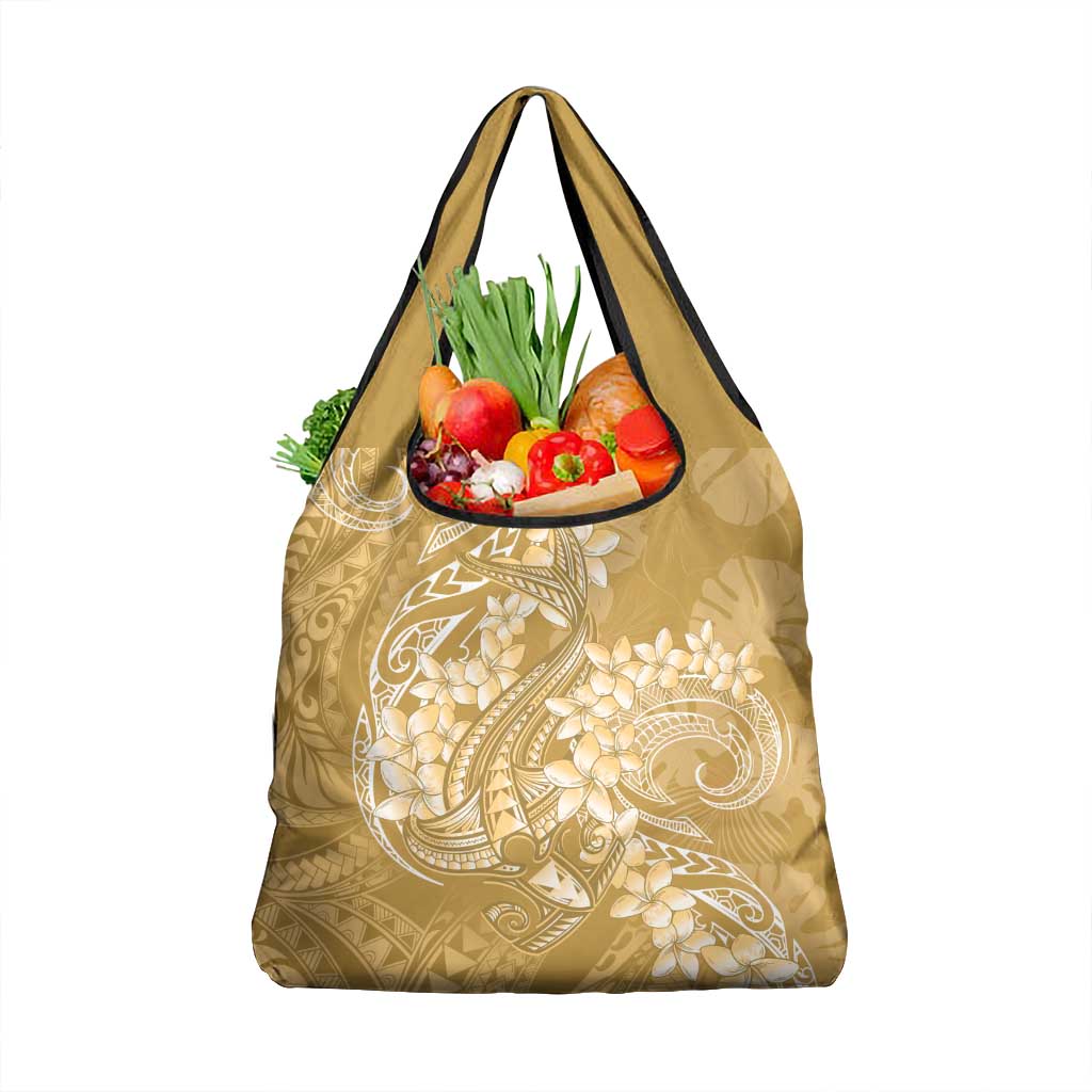 Yellow Polynesia Hammerhead Shark Tattoo With Plumeria Lei Grocery Bag
