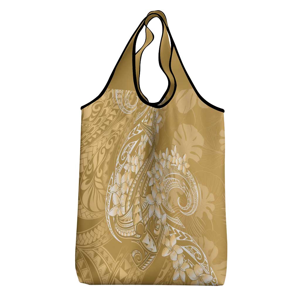 Yellow Polynesia Hammerhead Shark Tattoo With Plumeria Lei Grocery Bag