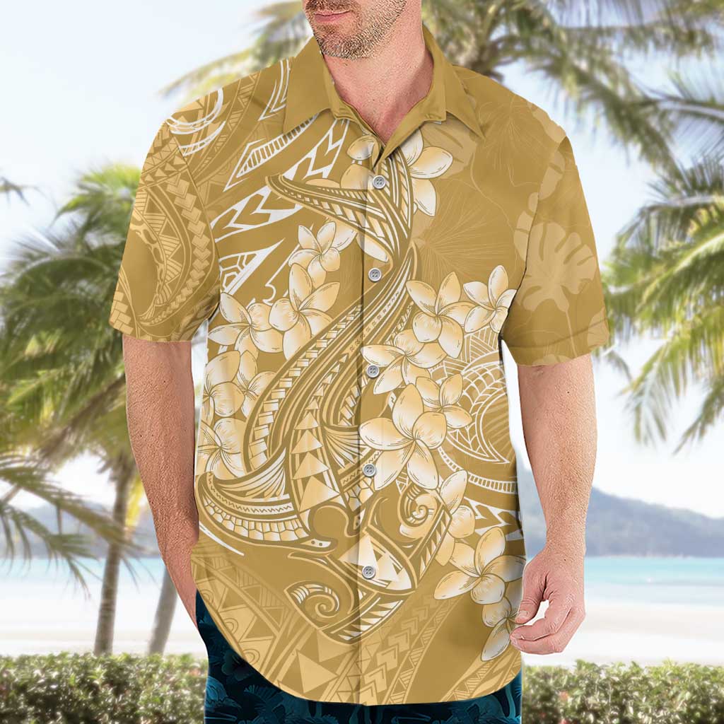 Yellow Polynesia Hammerhead Shark Tattoo With Plumeria Lei Hawaiian Shirt