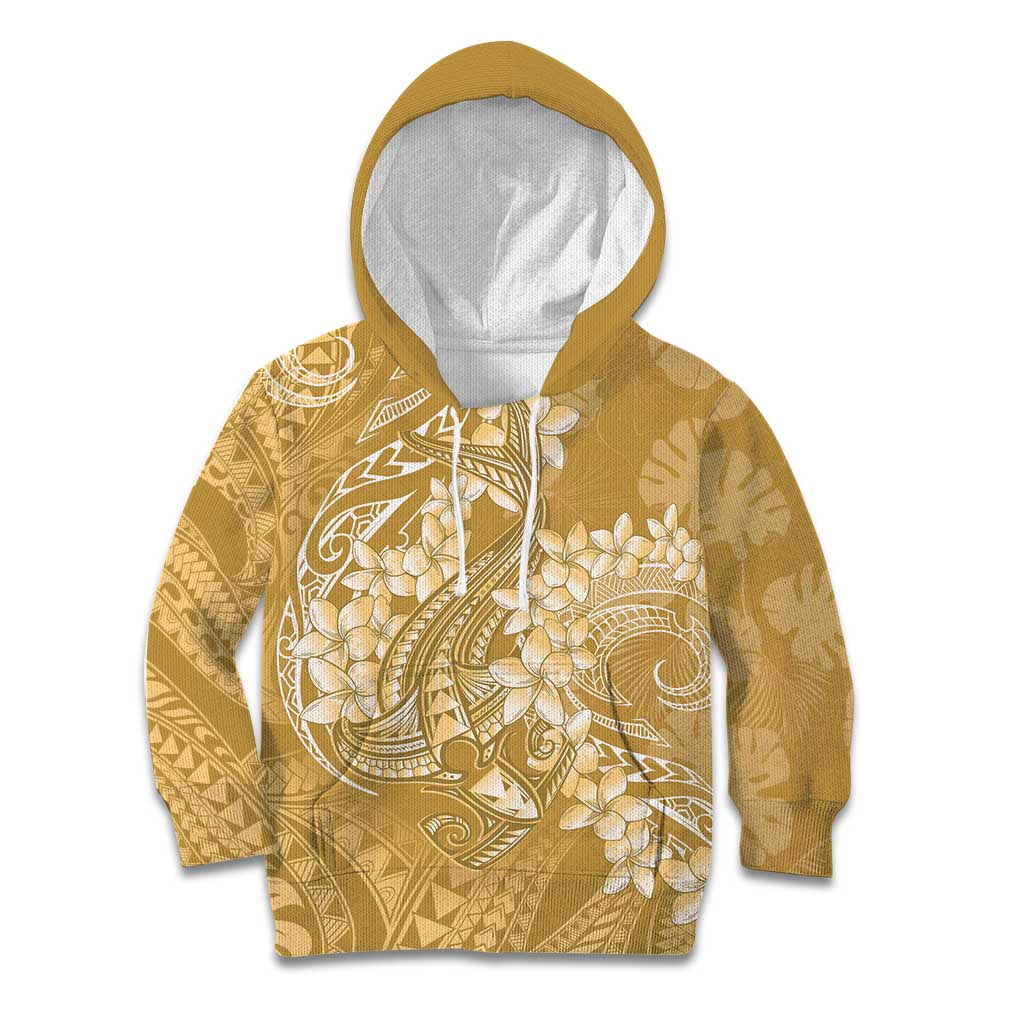 Yellow Polynesia Hammerhead Shark Tattoo With Plumeria Lei Kid Hoodie