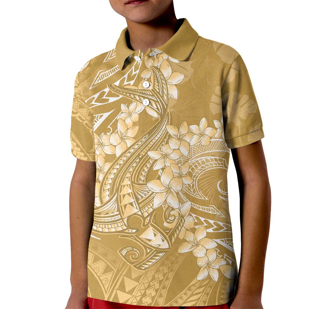 Yellow Polynesia Hammerhead Shark Tattoo With Plumeria Lei Kid Polo Shirt