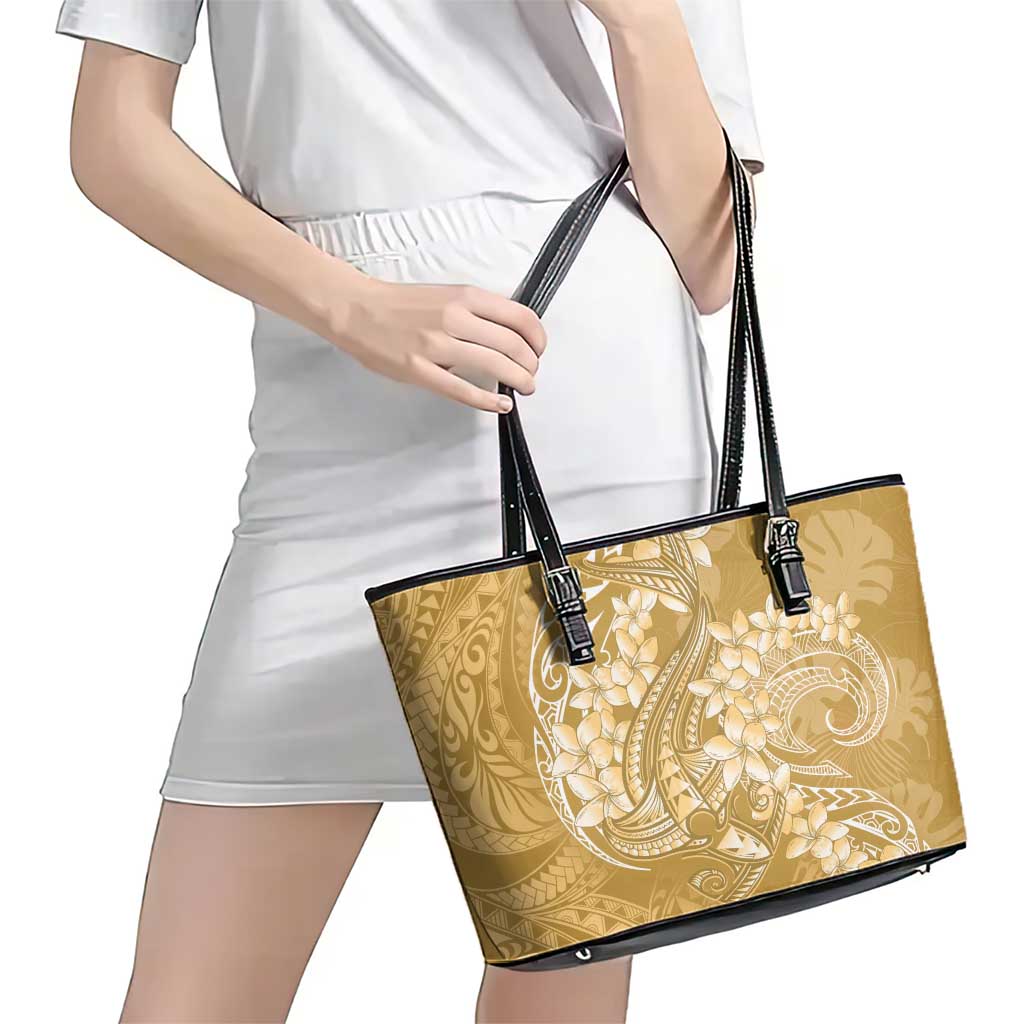 Yellow Polynesia Hammerhead Shark Tattoo With Plumeria Lei Leather Tote Bag LT14 - Polynesian Pride