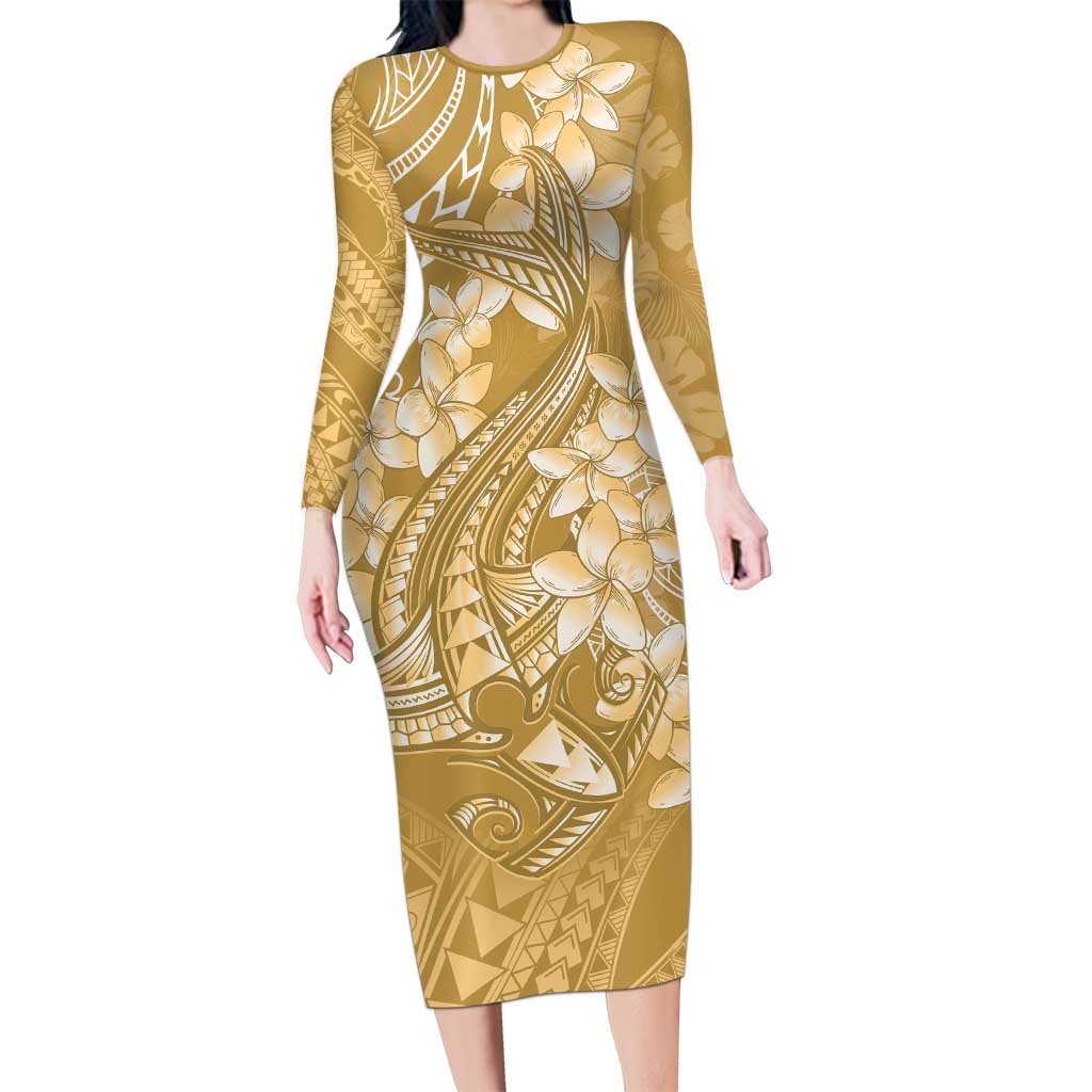 Yellow Polynesia Hammerhead Shark Tattoo With Plumeria Lei Long Sleeve Bodycon Dress LT14 Long Dress Yellow - Polynesian Pride