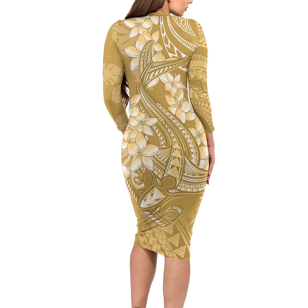 Yellow Polynesia Hammerhead Shark Tattoo With Plumeria Lei Long Sleeve Bodycon Dress LT14 - Polynesian Pride