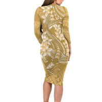 Yellow Polynesia Hammerhead Shark Tattoo With Plumeria Lei Long Sleeve Bodycon Dress LT14 - Polynesian Pride