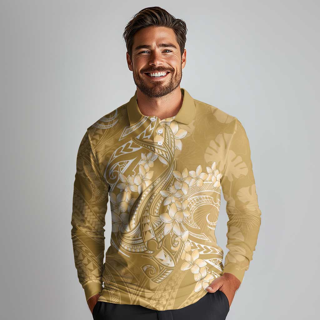 Yellow Polynesia Hammerhead Shark Tattoo With Plumeria Lei Long Sleeve Polo Shirt