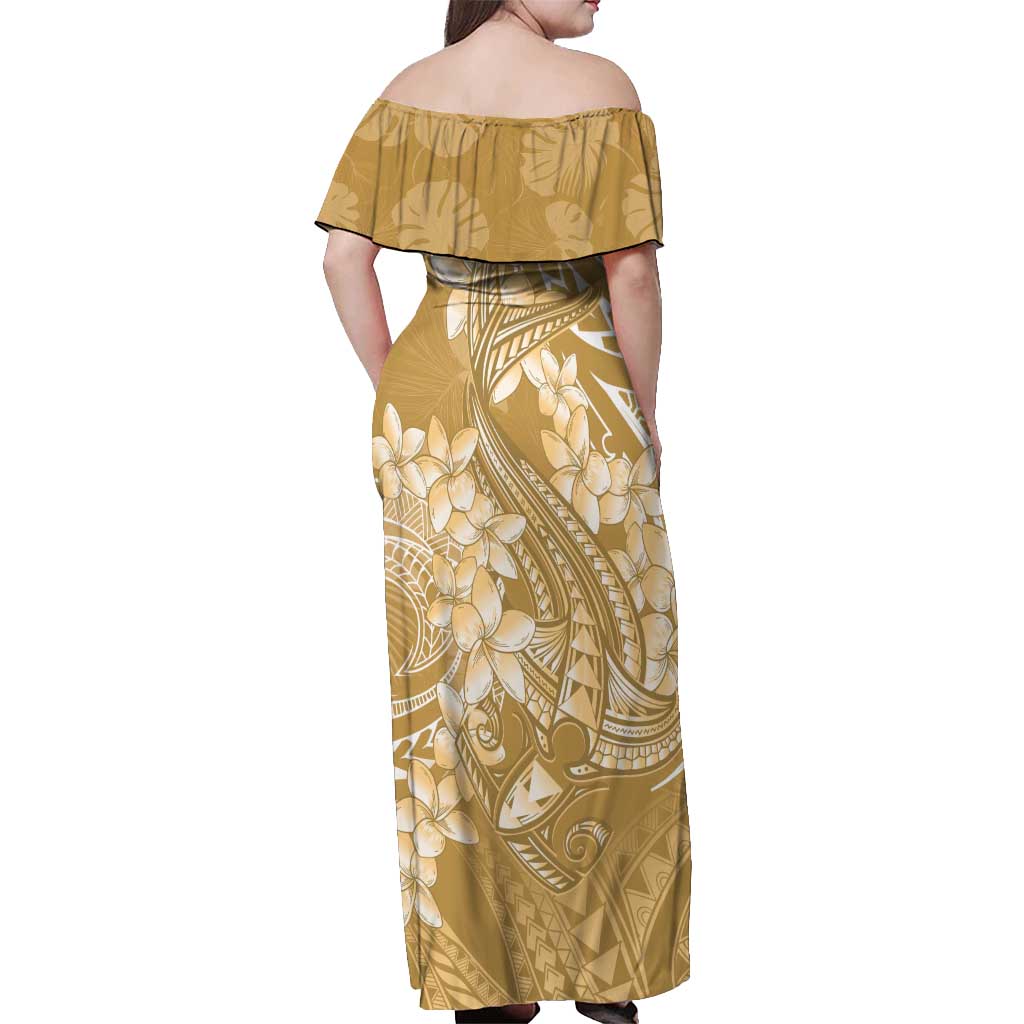 Yellow Polynesia Hammerhead Shark Tattoo With Plumeria Lei Off Shoulder Maxi Dress