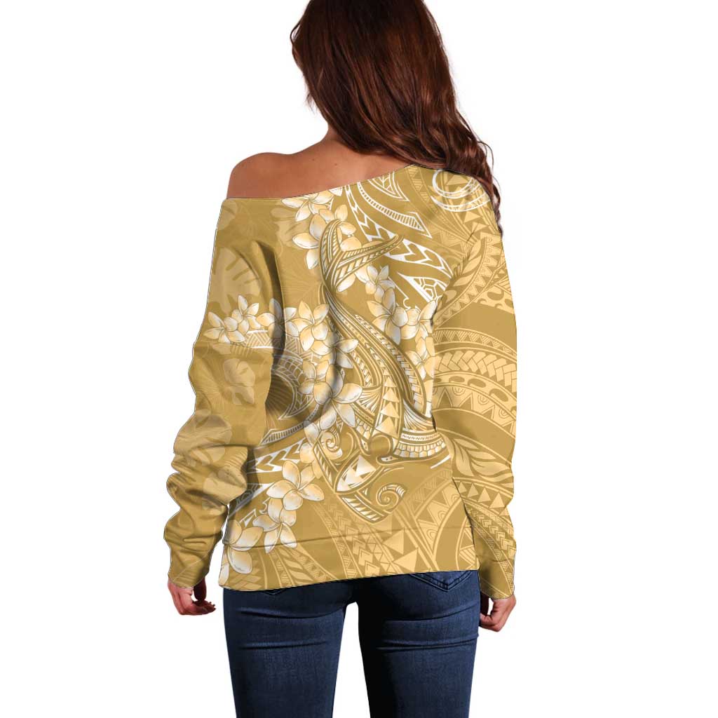 Yellow Polynesia Hammerhead Shark Tattoo With Plumeria Lei Off Shoulder Sweater LT14 - Polynesian Pride