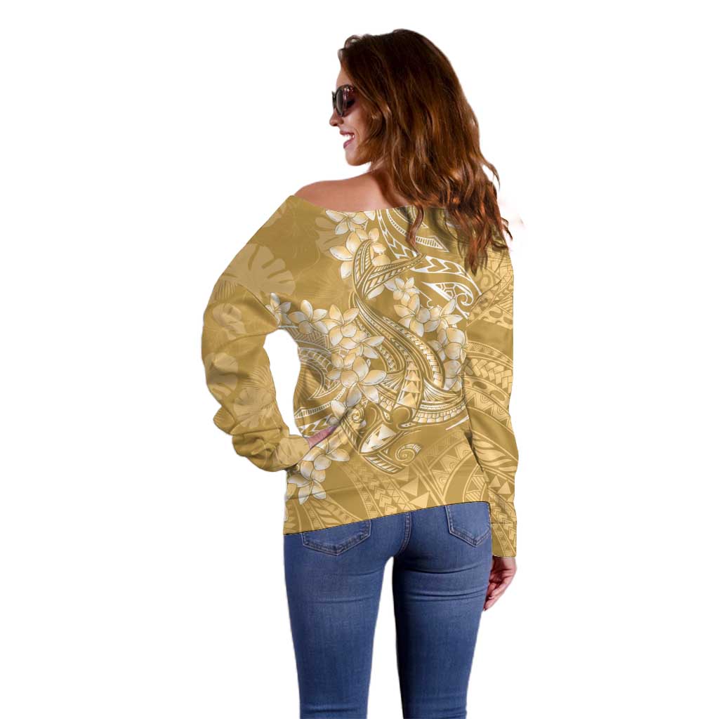 Yellow Polynesia Hammerhead Shark Tattoo With Plumeria Lei Off Shoulder Sweater LT14 - Polynesian Pride
