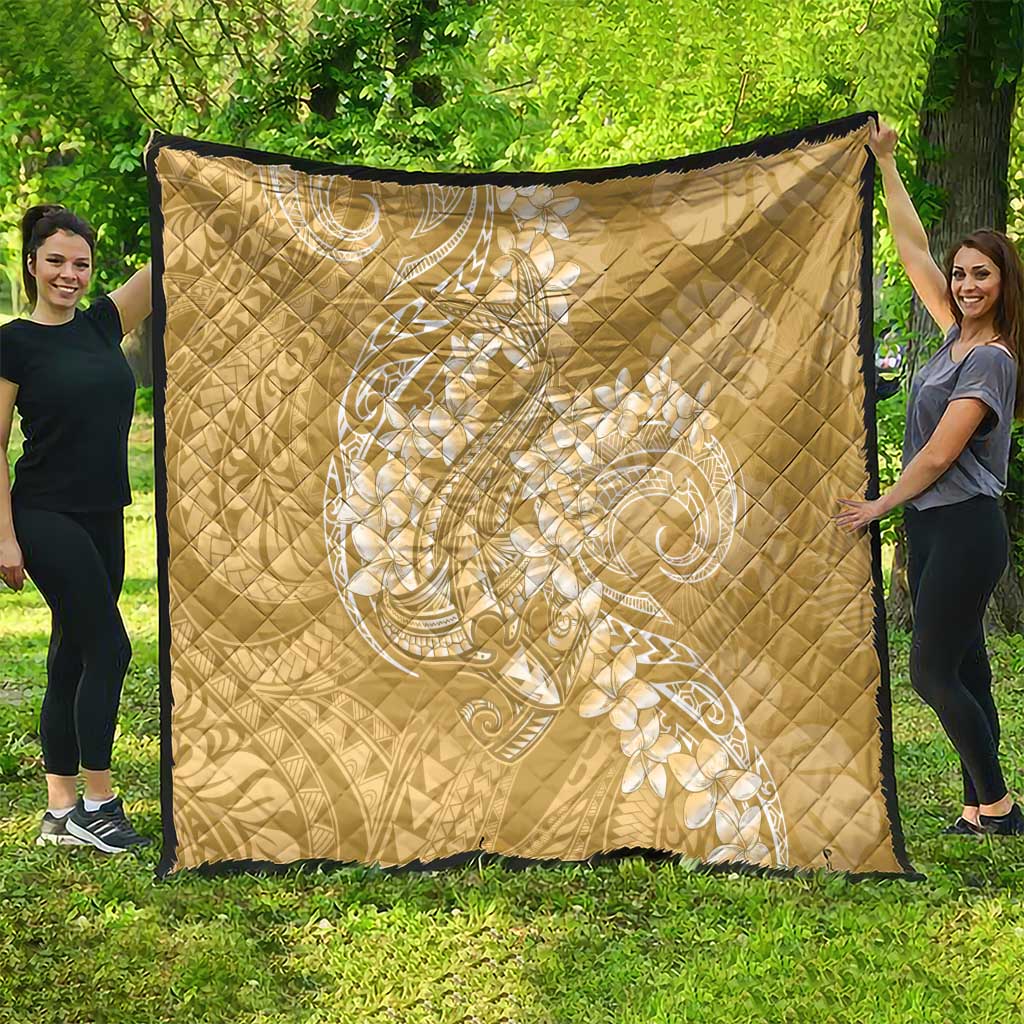 Yellow Polynesia Hammerhead Shark Tattoo With Plumeria Lei Quilt