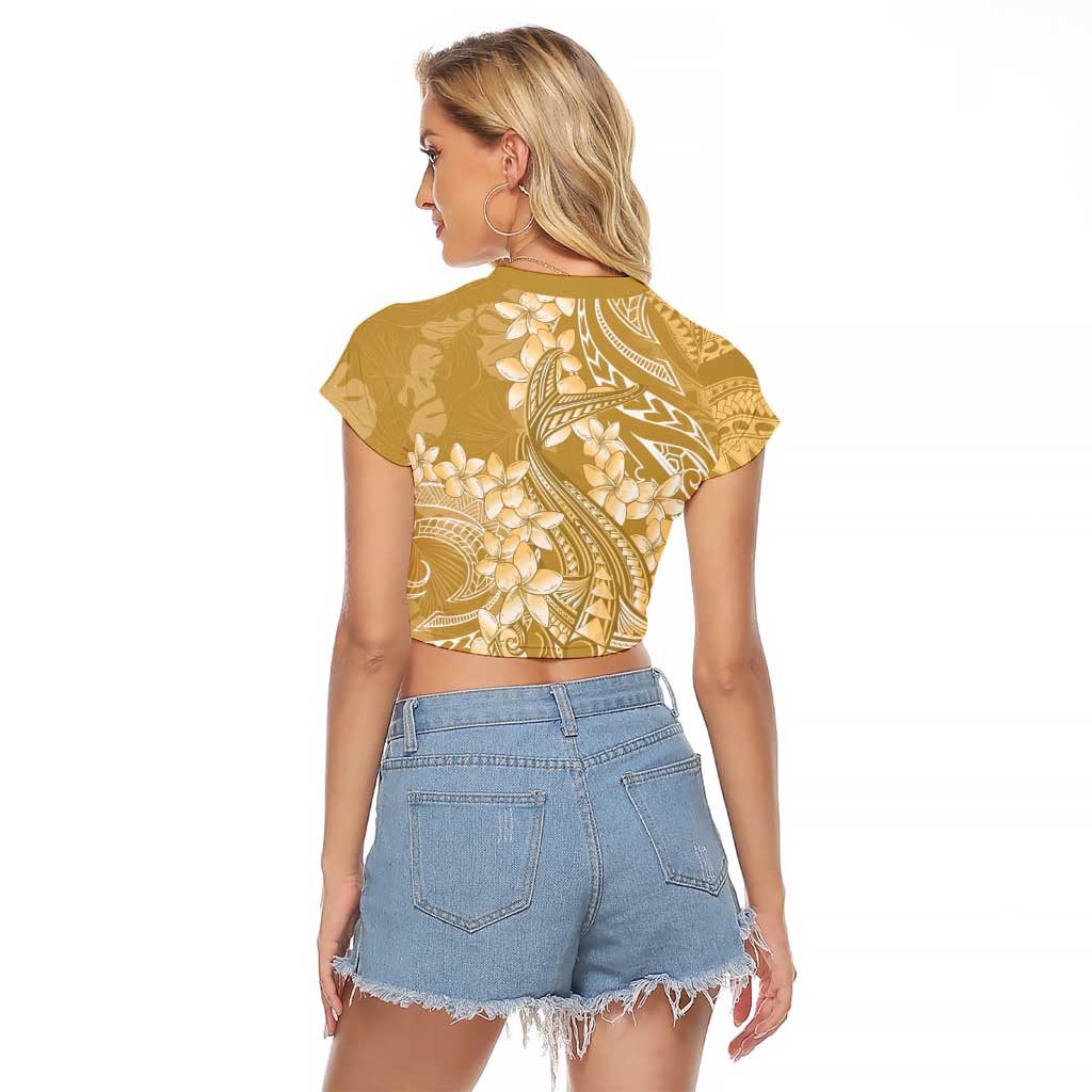 Yellow Polynesia Hammerhead Shark Tattoo With Plumeria Lei Raglan Cropped T Shirt
