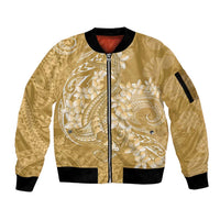 Yellow Polynesia Hammerhead Shark Tattoo With Plumeria Lei Sleeve Zip Bomber Jacket