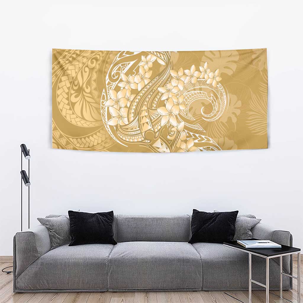 Yellow Polynesia Hammerhead Shark Tattoo With Plumeria Lei Tapestry