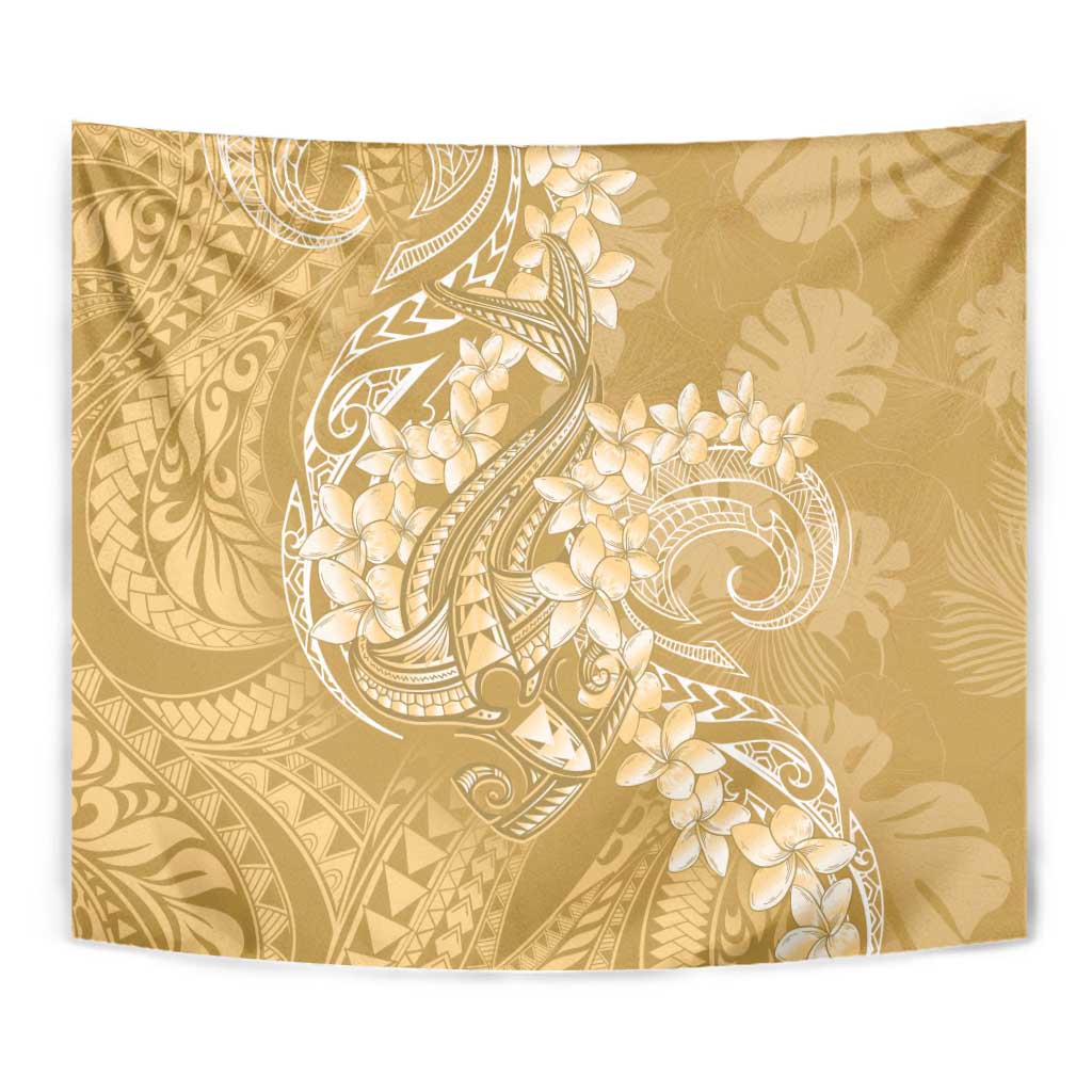 Yellow Polynesia Hammerhead Shark Tattoo With Plumeria Lei Tapestry