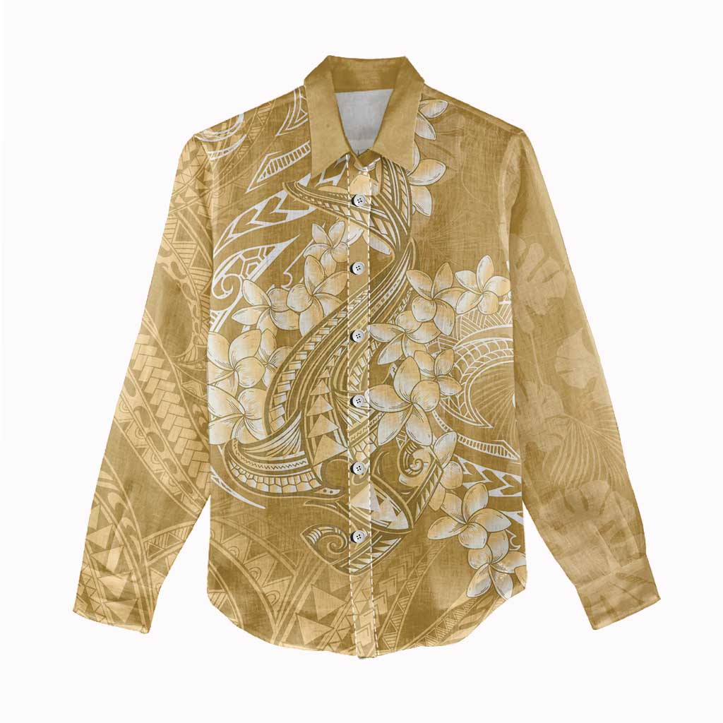 Yellow Polynesia Hammerhead Shark Tattoo With Plumeria Lei Women Casual Shirt