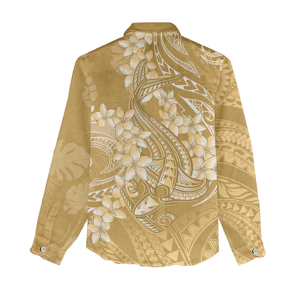 Yellow Polynesia Hammerhead Shark Tattoo With Plumeria Lei Women Casual Shirt