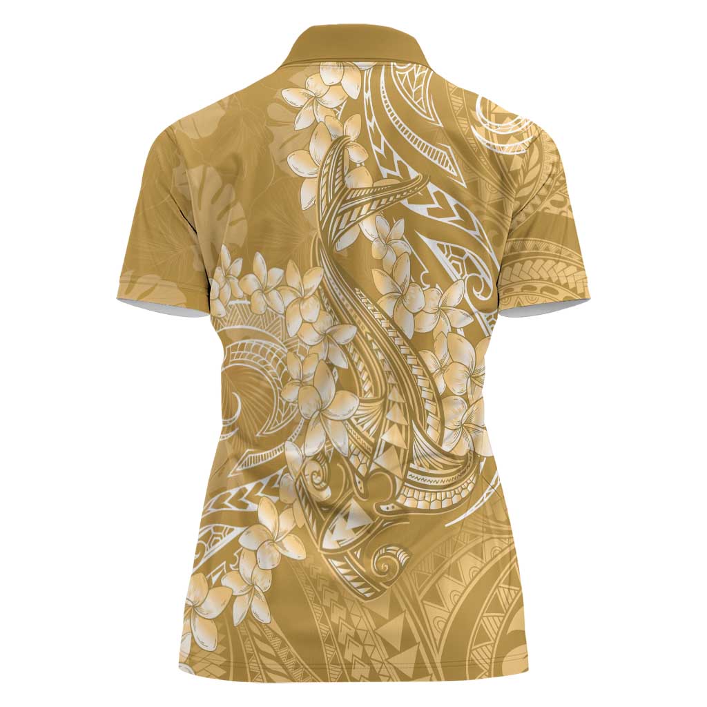 Yellow Polynesia Hammerhead Shark Tattoo With Plumeria Lei Women Polo Shirt