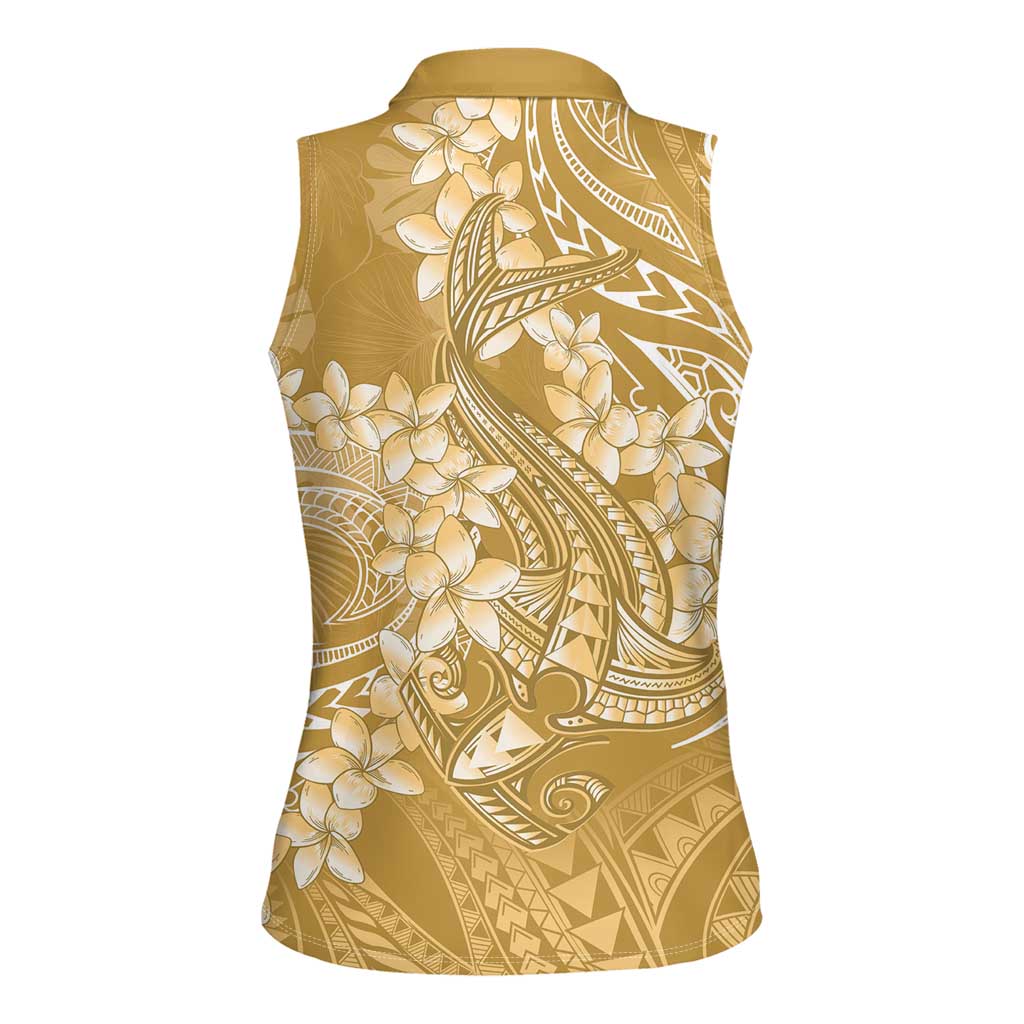 Yellow Polynesia Hammerhead Shark Tattoo With Plumeria Lei Women Sleeveless Polo Shirt